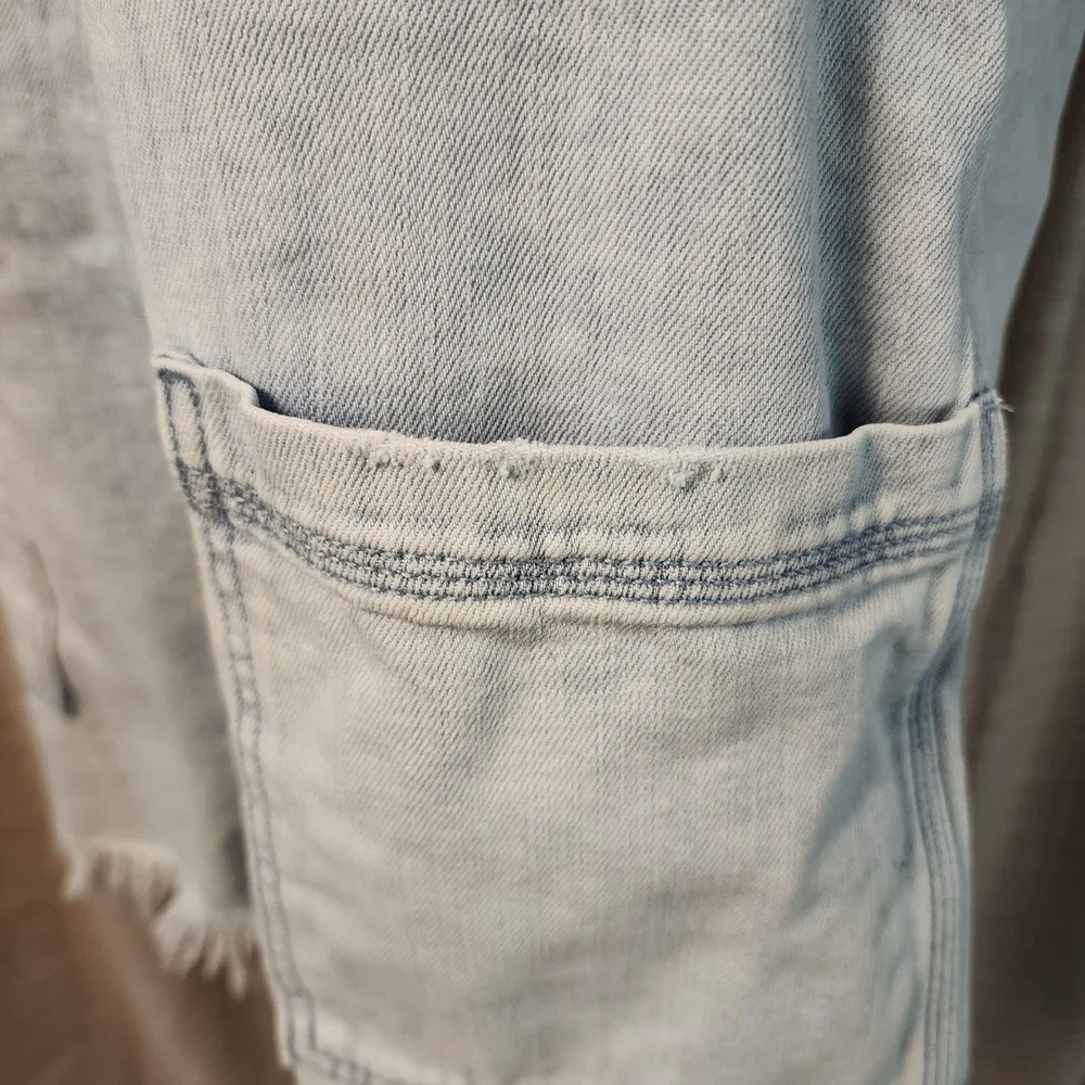 Aerie Women Large Light Wash Denim Shortalls Distressed Raw Hem Overalls L